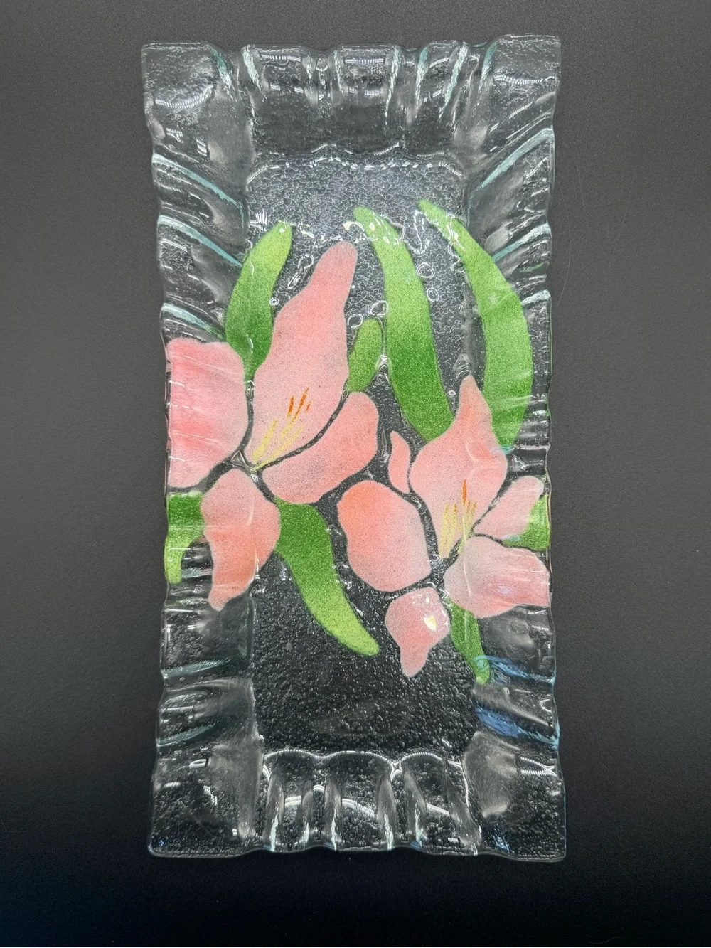 Sydenstricker Glass Pink Lily Rectangular Serving Tray Vanity Platter 12x6